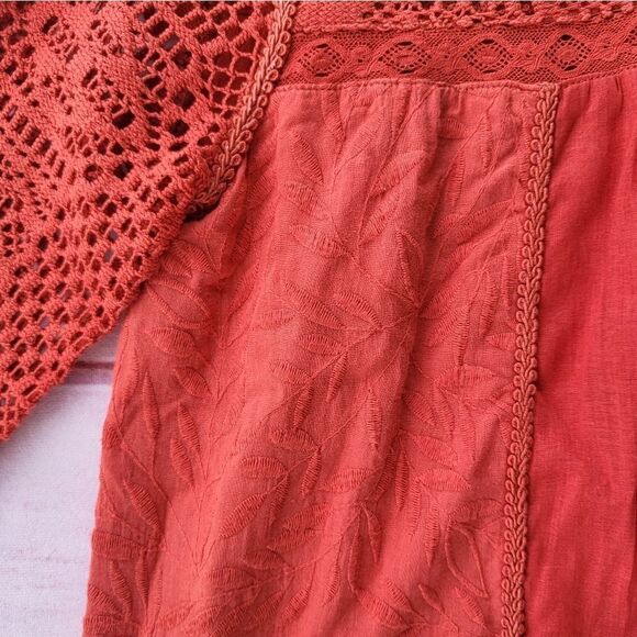 Anthropologie Hiche Burnt Orange‎ 3/4 Sleeve Crochet Boho Shift Dress Size XS - Picture 4 of 7